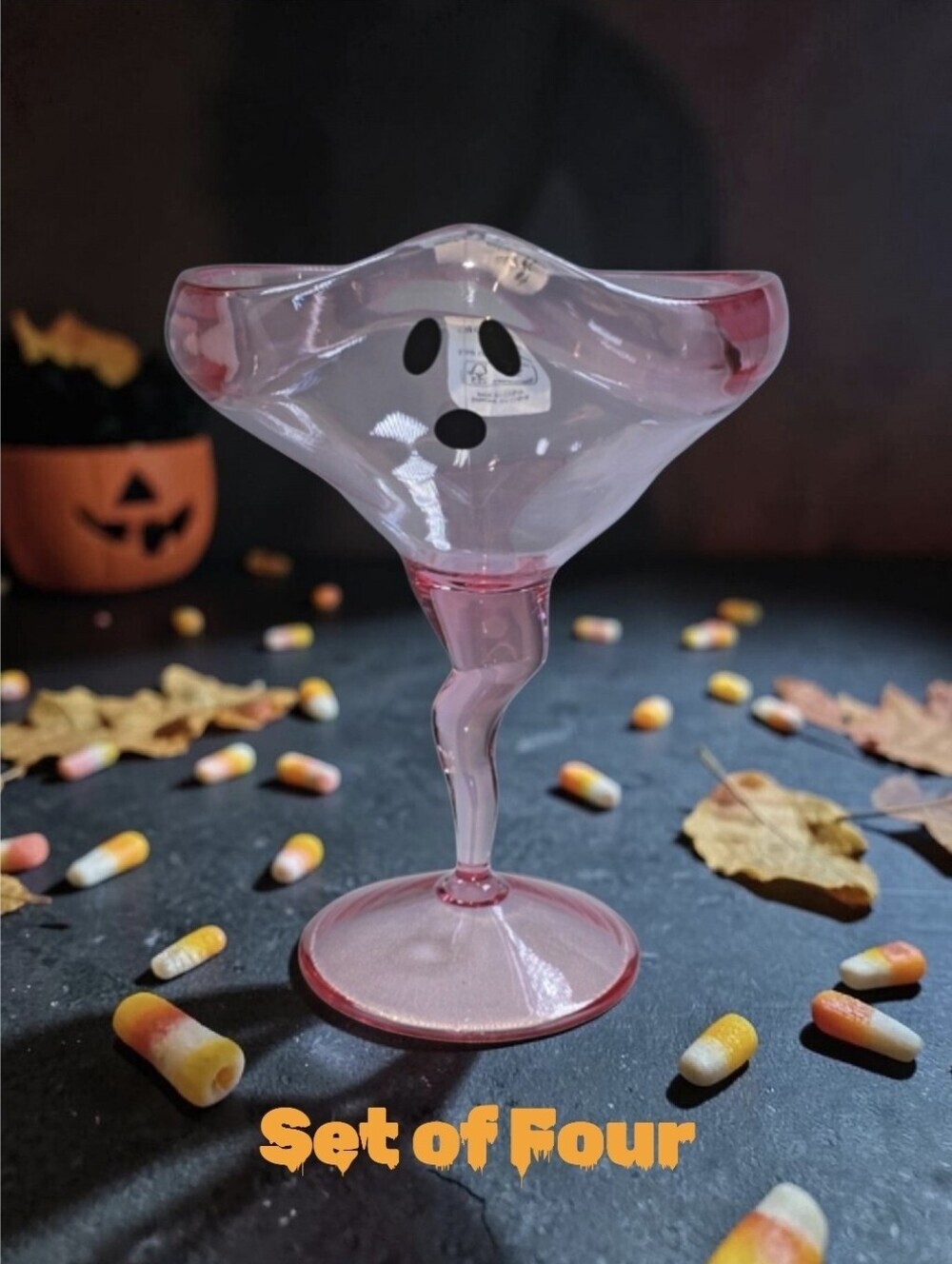 Goblin & Ghoul | 4pc Set Pink Ghost Face 10oz. Melamine Stem Cocktail Glasses